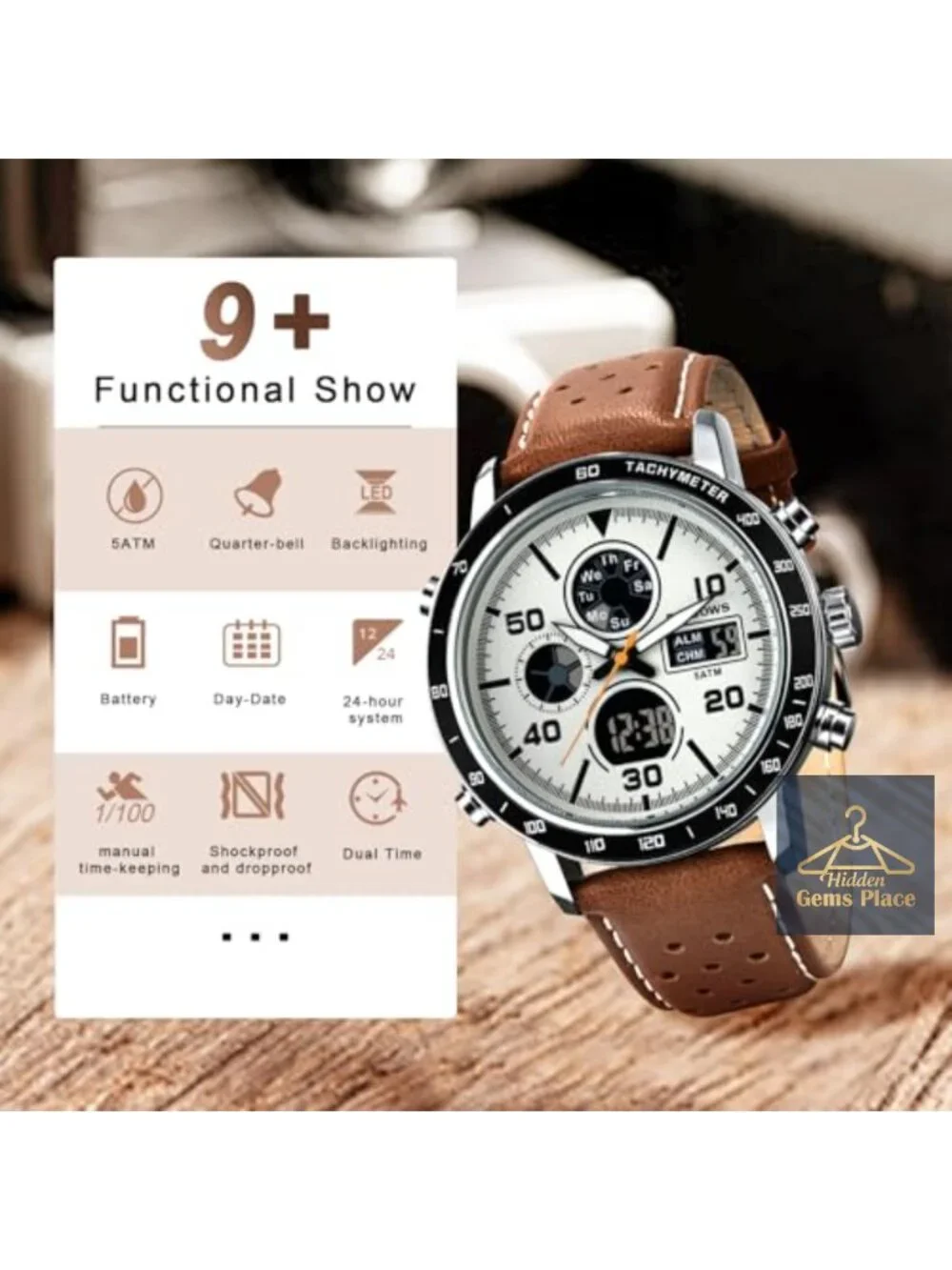 Men's Multifunction Sport Casual Analog-Digital Watch with Perforated Leather